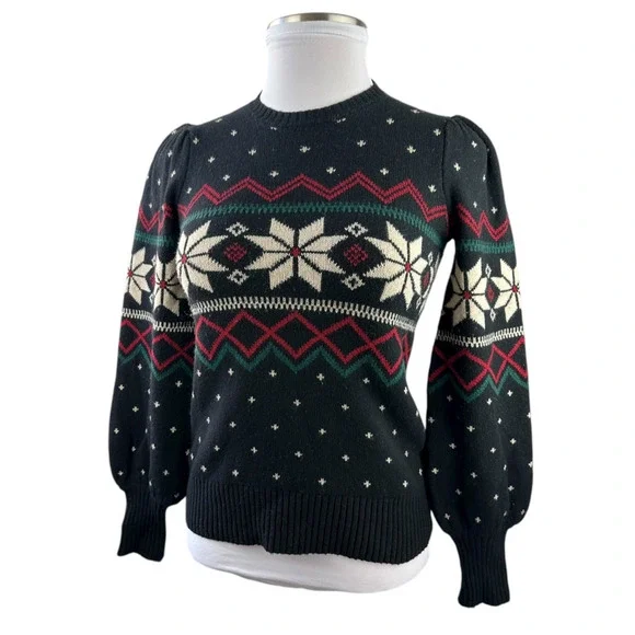 Ralph Lauren Fair Isle Puff Sleeve Sweater Wintry Snowflake Wool Mix Size Small - Picture 4 of 16